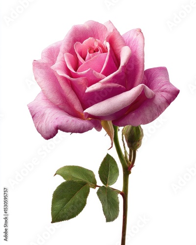 Single pink rose, detailed, isolated