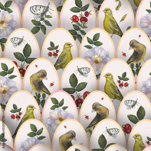 Vintage pattern of rose hips, leaves, branches of rose hips, white Apollo butterfly and greenfinchs birds. Watercolor illustrations are hand drawn