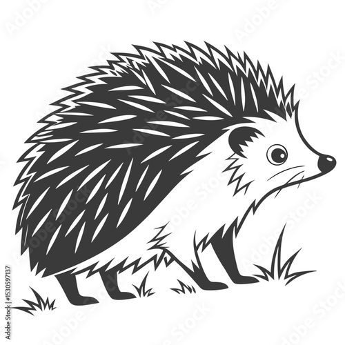 Monochrome hedgehog with spiky quills walks confidently on grass, showcasing distinctive design
