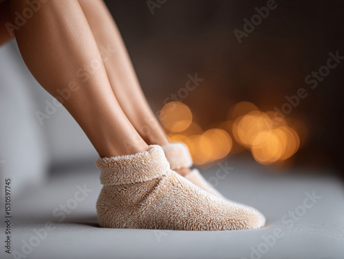 Cozy relaxation. Womans legs in fuzzy slippers, soft focus lights in background. Home comfort, downtime, restful moments. Perfect for lifestyle, wellness, selfcare.