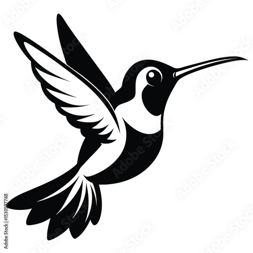monochrome hummingbird soars with detailed wings against a bright white backdrop