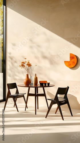Modern dining set, sunlit room, minimalist decor, interior design