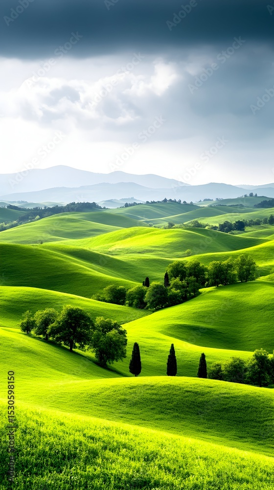 Fototapeta premium Rolling green hills, Tuscany landscape, storm clouds, travel poster