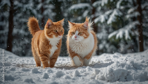 Cute cats and their fluffy friends are happily playing in a snowy forest.
