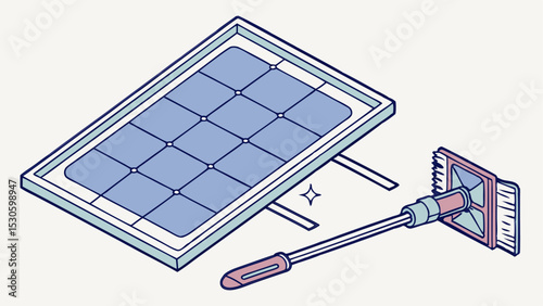 Isometric view of a solar panel being cleaned with a brush on a stick with a sparkle nearby it