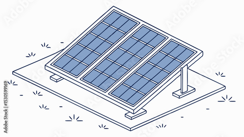 Isometric view of solar panels on a ground mount system surrounded by sparse vegetation in line art