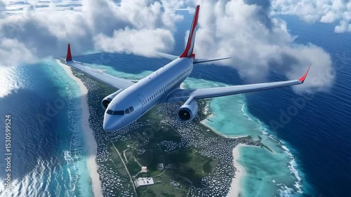 A commercial airplane with red wingtips flies above a tropical island surrounded by blue ocean and scattered clouds.