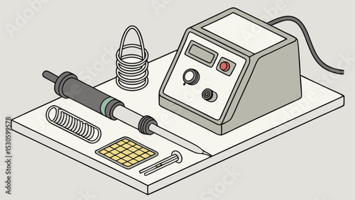 Isometric view of a soldering station with iron stand sponge and tip cleaner on a white surface for electronics