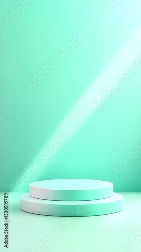 Pastel green studio backdrop, double platform, light ray, product display