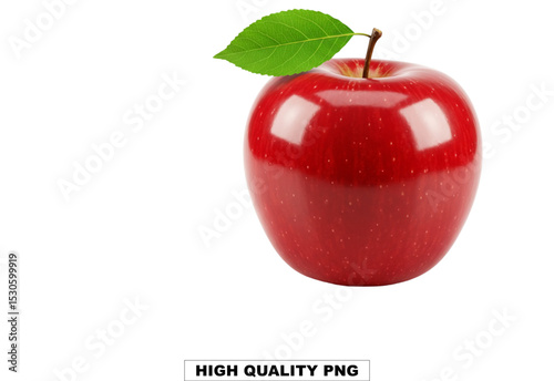 Crimson Apple with Green Leaf: A perfectly ripe, crimson red apple with a vibrant green leaf, symbolizing freshness and vitality