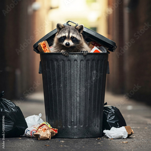 A cute raccoon looks out of a trash can on a city street,