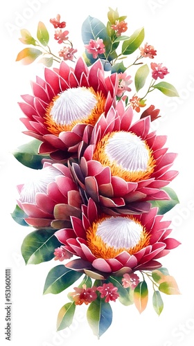Pink protea bouquet watercolor, floral design, white background, greeting card