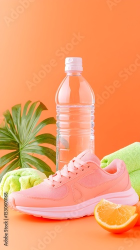Pink sneakers, water, towel, orange, tropical leaf, fitness, summer, wellness, studio shot, healthy lifestyle