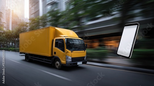  A yellow delivery truck on the road, with a blank white screen mobile phone in the blurred background, serves as a mockup for an online shopping concept.