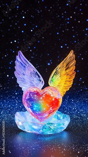 Rainbow heart with wings, sparkling background, memorial