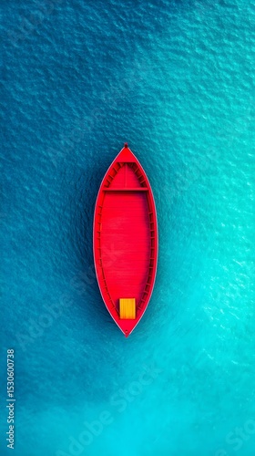 Red boat floats serene ocean aerial view