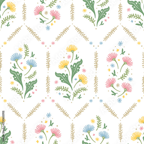 Vintage floral sweet and charming cottagecore seamless pattern repeatable for print background fabric textile cards backdrop in folk art decorative illustration style