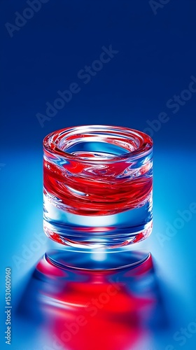 Red liquid swirls in glass cylinder, blue background, studio shot, product display