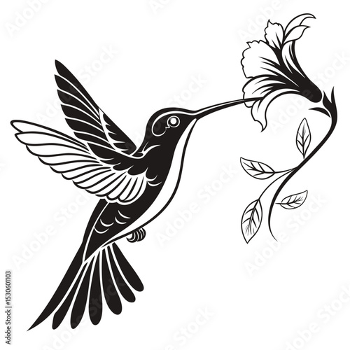 Silhouette of a hummingbird with long beak reaching towards a decorative flower vector
