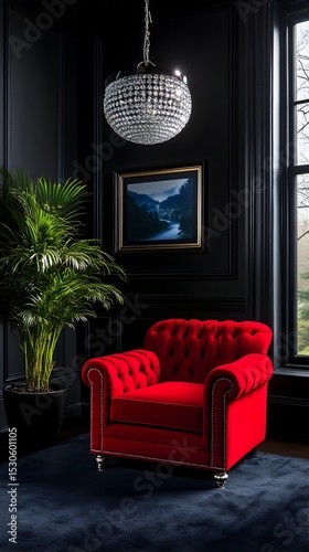 Red velvet armchair, dark room, interior design, luxury home