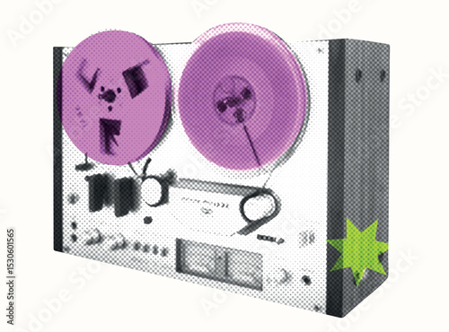 Vintage retro music halftone reel tape recorder. Karaoke collage with audio equipment, reel-to-reel tape. Nostalgic grunge disco element for sing poster, podcast, party. Trendy isolated dotted vector 
