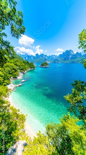 Secluded tropical beach cove, turquoise water, island view, summer vacation travel