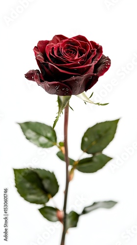 Single dark red rose, water droplets, white background, studio shot, romance