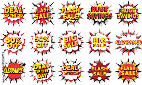 Comic Book Style Sale Bubbles Flash Sale, Big Sale, Clearance, Deal of the Day, 50% Off