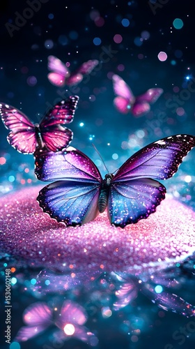 Sparkling butterflies on glitter, night bokeh, phone wallpaper
