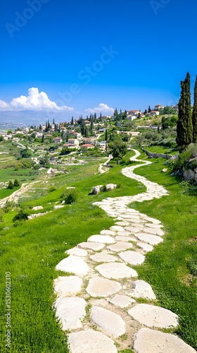 Stone path winding uphill to village, sunny day