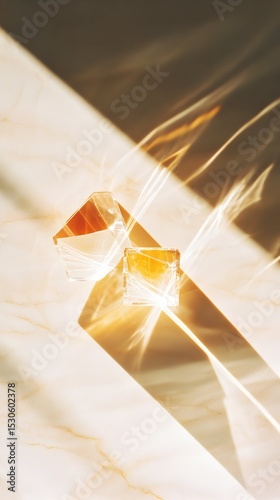 Sunlight illuminates amber crystals on marble, showcasing refraction