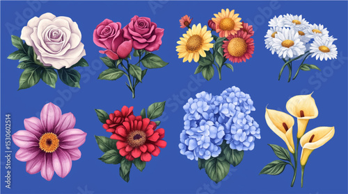 Vector illustration of set of watercolor flowers paintings, floral vintage. 