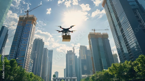 Drone delivering a package in a smart city. 