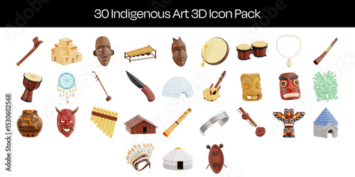 Set of Indigenous Art 3D Icons Including Amazonian Shaman Mask, Balafon, Cowrie Shell Necklace, and More