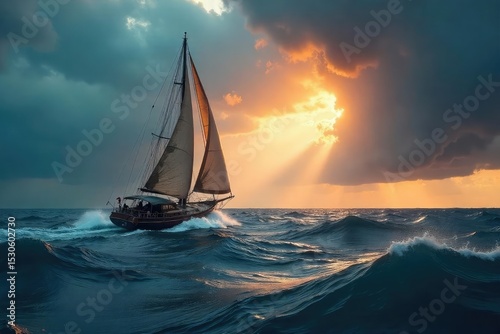 A lone sailboat navigates a stormy sea under a dramatic sky, embodying the spirit of daring exploration and the thrill of the unknown , challenge, blue, exploration