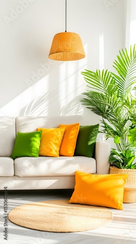 Sunny living room, sofa, pillows, plants, sunlight, interior design, home decor, relaxation