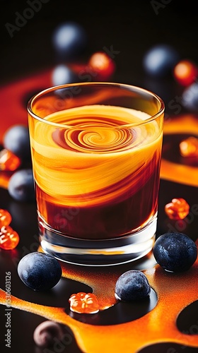 Swirled dessert drink, dark background, blueberries, autumnal colors, food photography