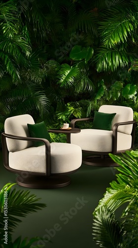 Swivel chairs, tropical garden, relaxing, coffee, advertisement