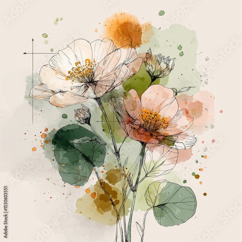 Botanical line art. Stylized floral illustration with soft colors and delicate outlines.