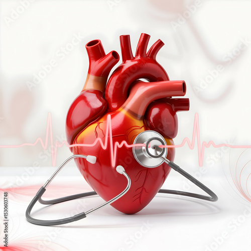 Realistic 3 D Render Red Human Heart Stethoscope Heartbeat