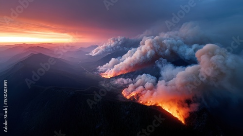 Aerial View of Mountain Wildfires at Sunset