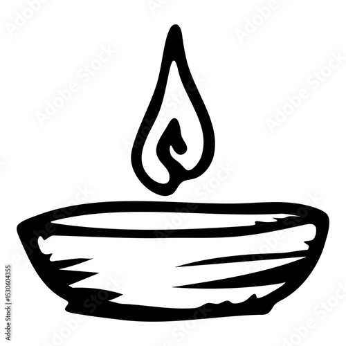 Black and white diya lamp illustration with stylized flame isolated on transparent background, ideal for festive or spiritual design themes. Vector art