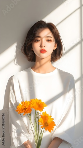 Woman, flowers, studio, sunlight, portrait, beauty, fashion, minimalist