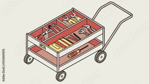 Illustration of a rolling toolbox with a variety of hand tools inside on a light background color