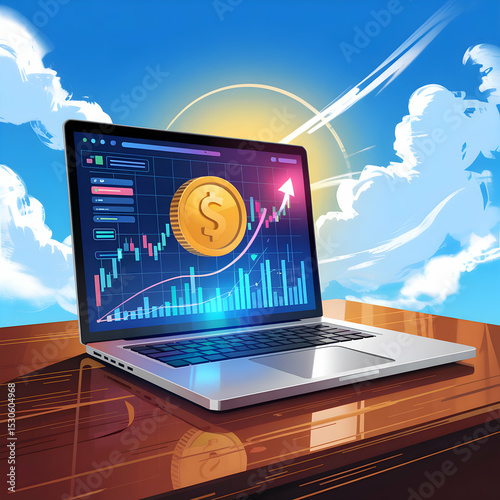 Laptop Screen Showing Stock Market Growth Gold Coin