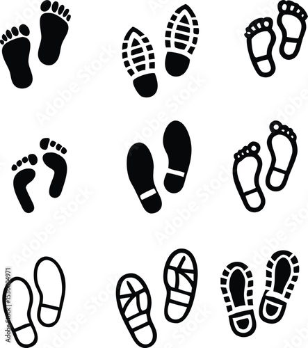 Shoe and bare foot print icon vector set. isolated on white background.