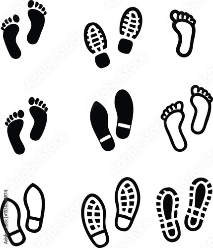 Shoe and bare foot print icon vector set. isolated on white background.