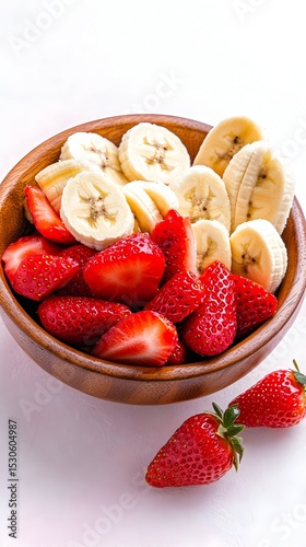 Wooden bowl of sliced strawberries and bananas on white background