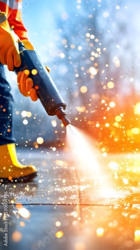 Worker sandblasting pavement, sparks fly, outdoor project