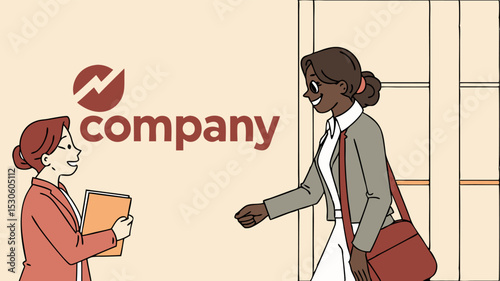 Two businesswomen meeting in an office setting with company logo and one holding a file folder